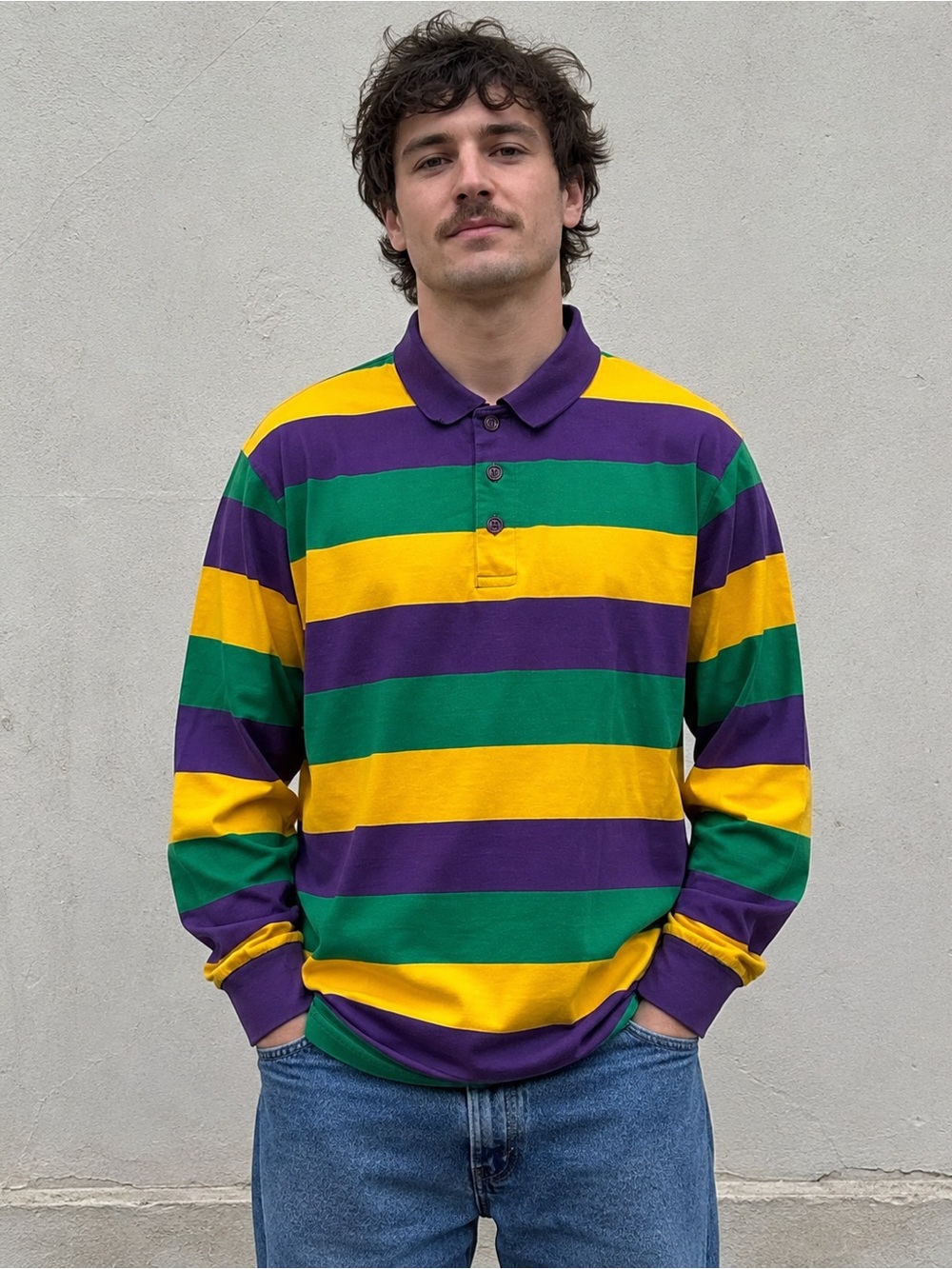 Kaplin Inc. Mardi Gras Striped Long Sleeve Rugby Shirt